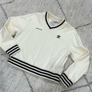 Sporty & Rich x Adidas collaboration Cream Sweater with navy stripes